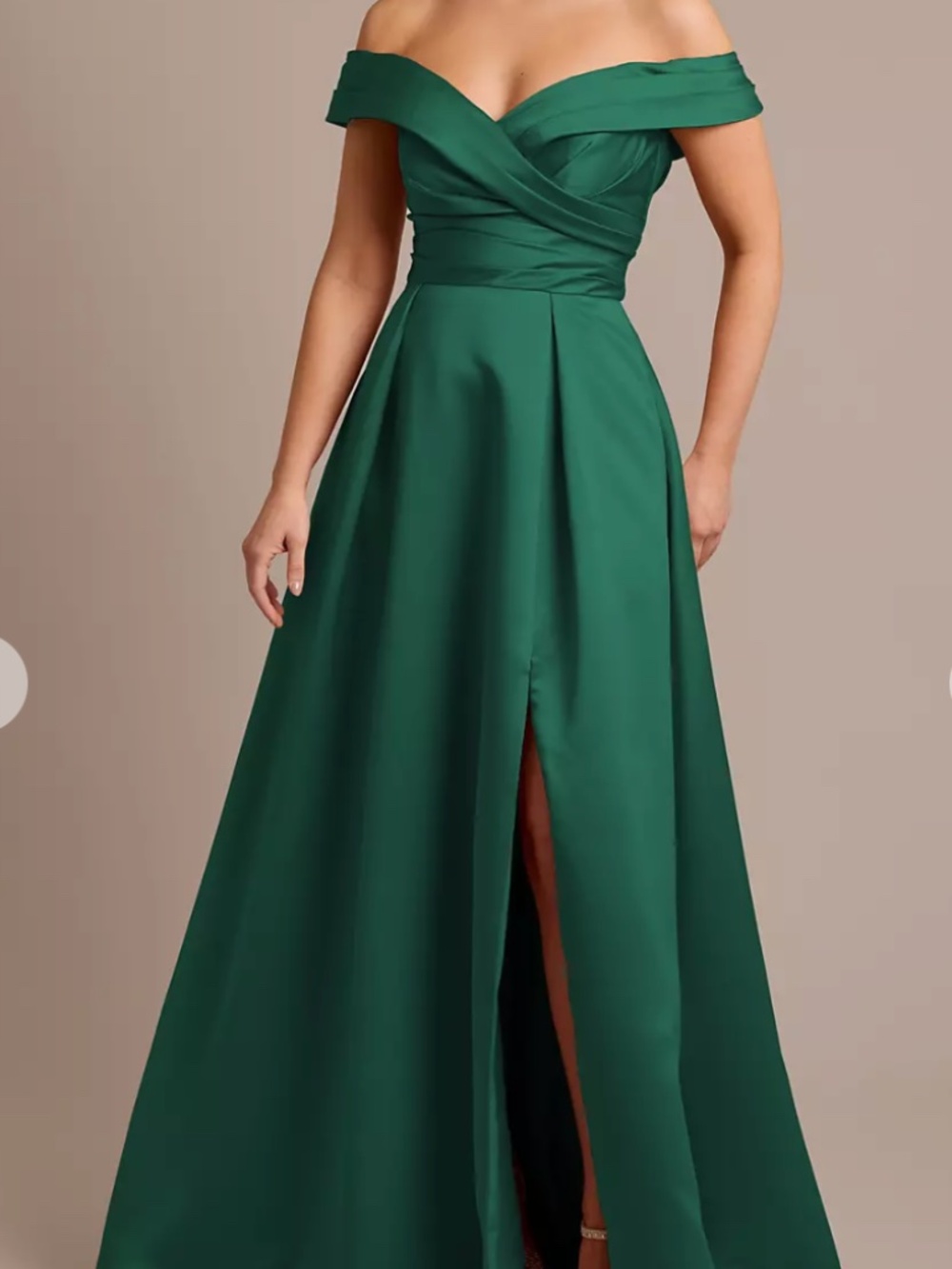 New with Tags Off-the-Shoulder Forest Green Satin Ball Gown